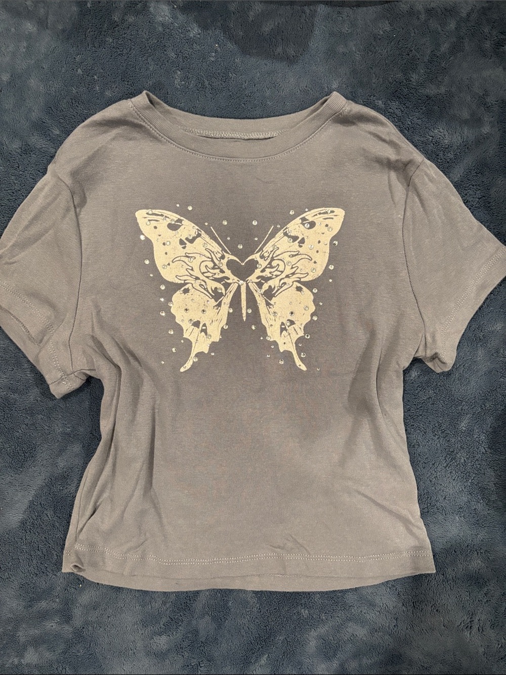 No Boundaries Taupe Tee with Cream Butterfly Graphic